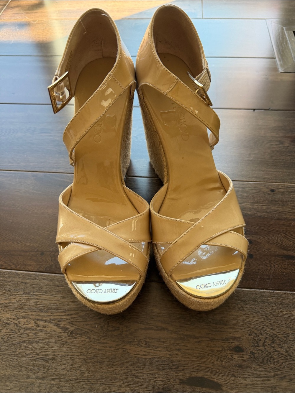 Jimmy Choo Women's Beige Patent Leather Wedge Sandals